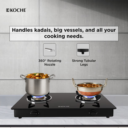 Köche 2 burner gas stove with cooking vessels of different sizes