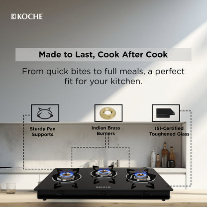 Köche 3 burner bren cooktop with features highlighted on a kitchen background