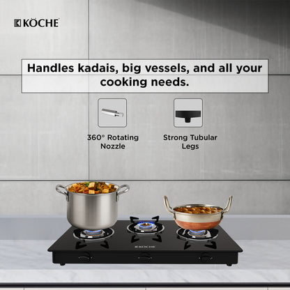 Köche 3 burner gas stove with cooking vessels of different sizes 