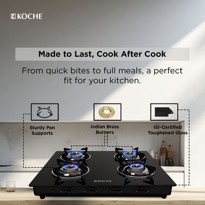 Köche 4 burner bren cooktop with features highlighted on a kitchen background