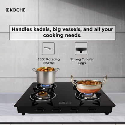 Köche 4 burner gas stove with cooking vessels of different sizes 