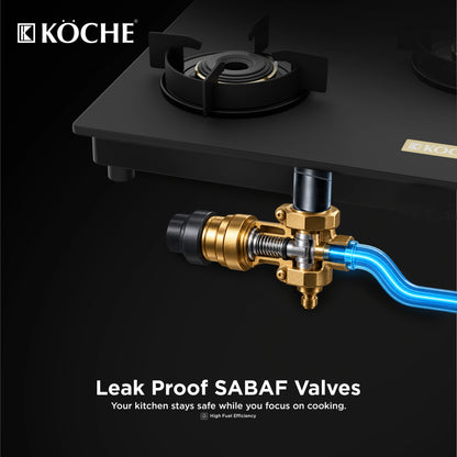 Köche Flamaro 3 burner gas stove with leak proof SABAF valve and black toughened glass cooktop