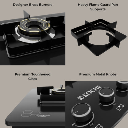 Köche Ivan 3 burner gas hob with brass burners, sturdy pan supports, toughened glass and metal knobs.