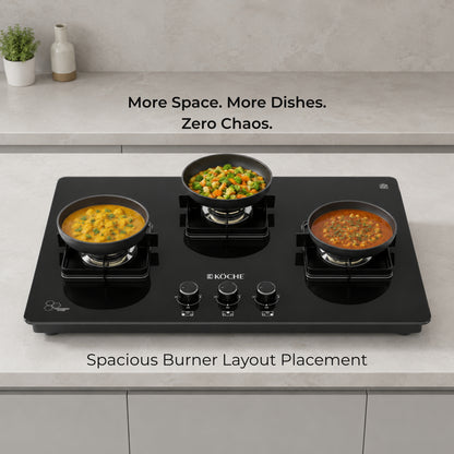 Köche Ivan 3 burner gas hob with spacious burner layout for cooking multiple dishes at once.