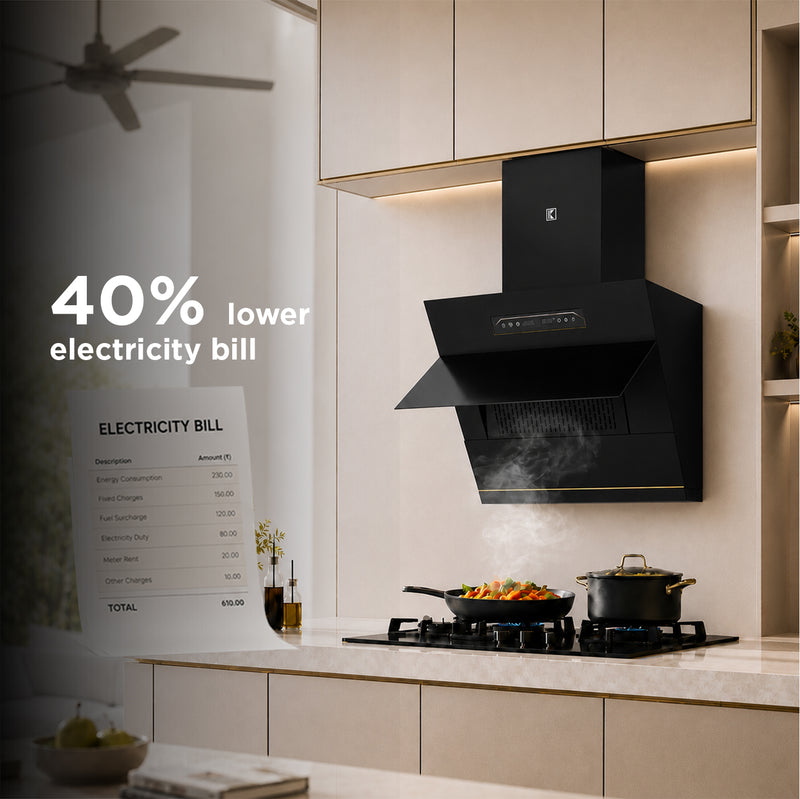   Laura 60cm Ducted BLDC Chimney | 1650 CMH Suction | Auto Clean Köche Laura 60 BLDC kitchen chimney with up to 40% lower electricity consumption. 