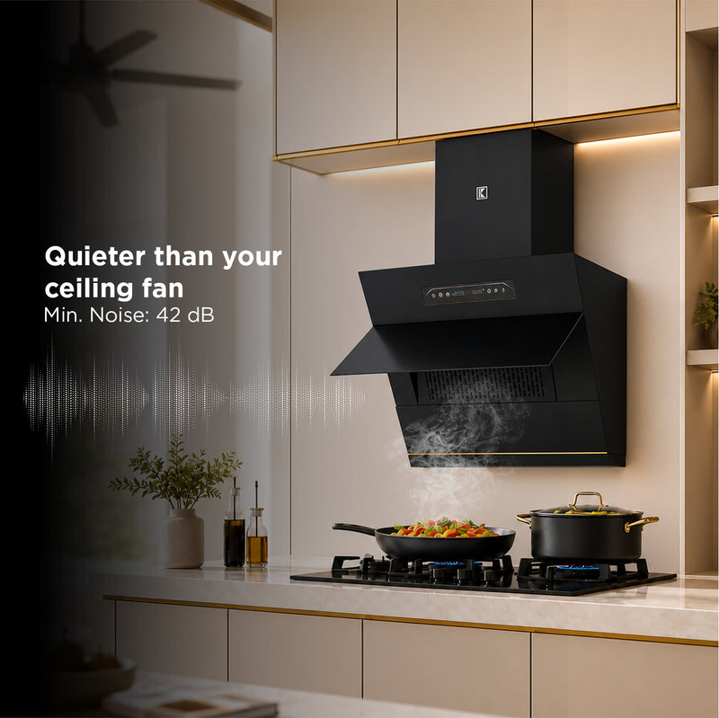   Laura 60cm Ducted BLDC Chimney | 1650 CMH Suction | Auto Clean Köche Laura 60 BLDC kitchen chimney with low noise operation at 42 dB for a quiet cooking experience. 