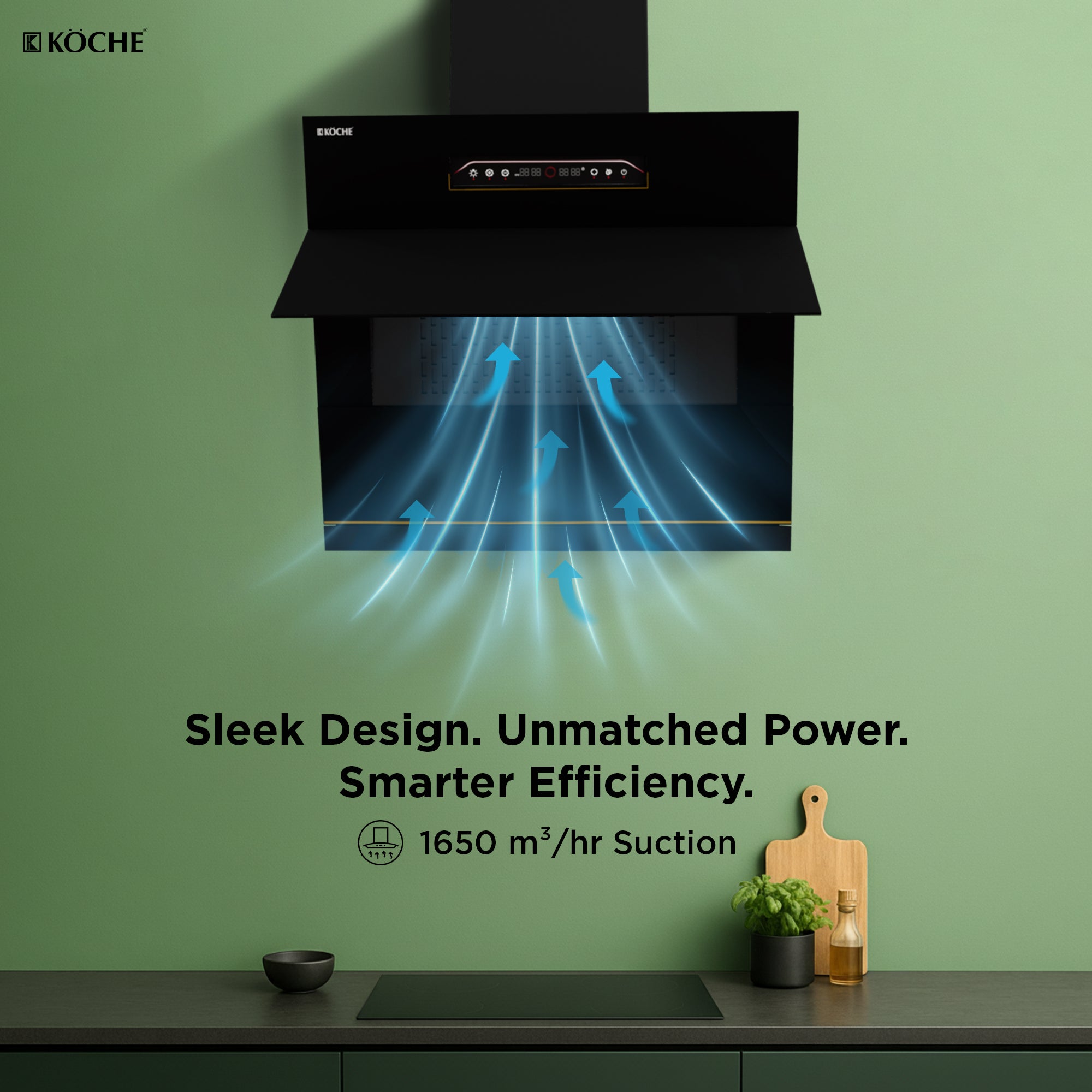 Köche Laura 60 BLDC kitchen chimney highlighting powerful suction.