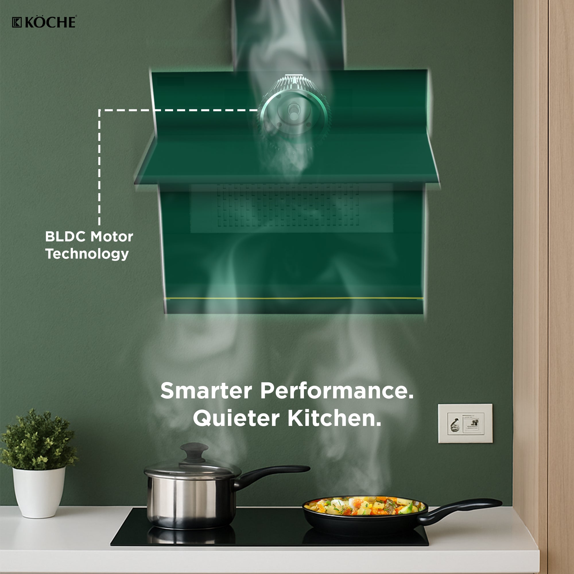 Köche Laura 60 chimney showing BLDC motor technology for efficiency and durability.