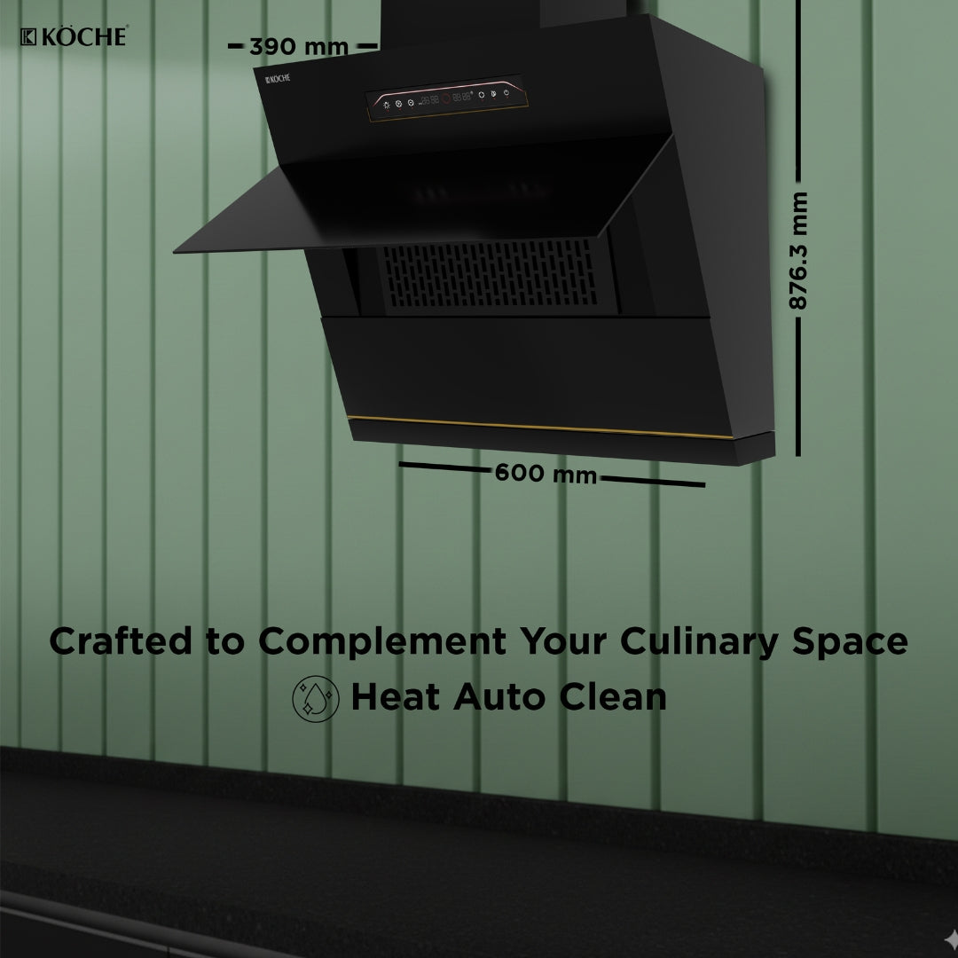 Alt text:
Köche Laura 60 chimney with size details and brand logo on background.
