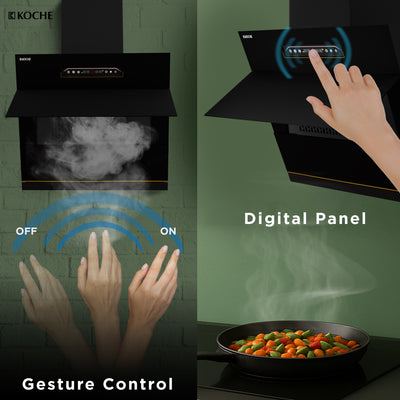 Köche Laura 60 kitchen chimney digital panel with gesture control functionality.