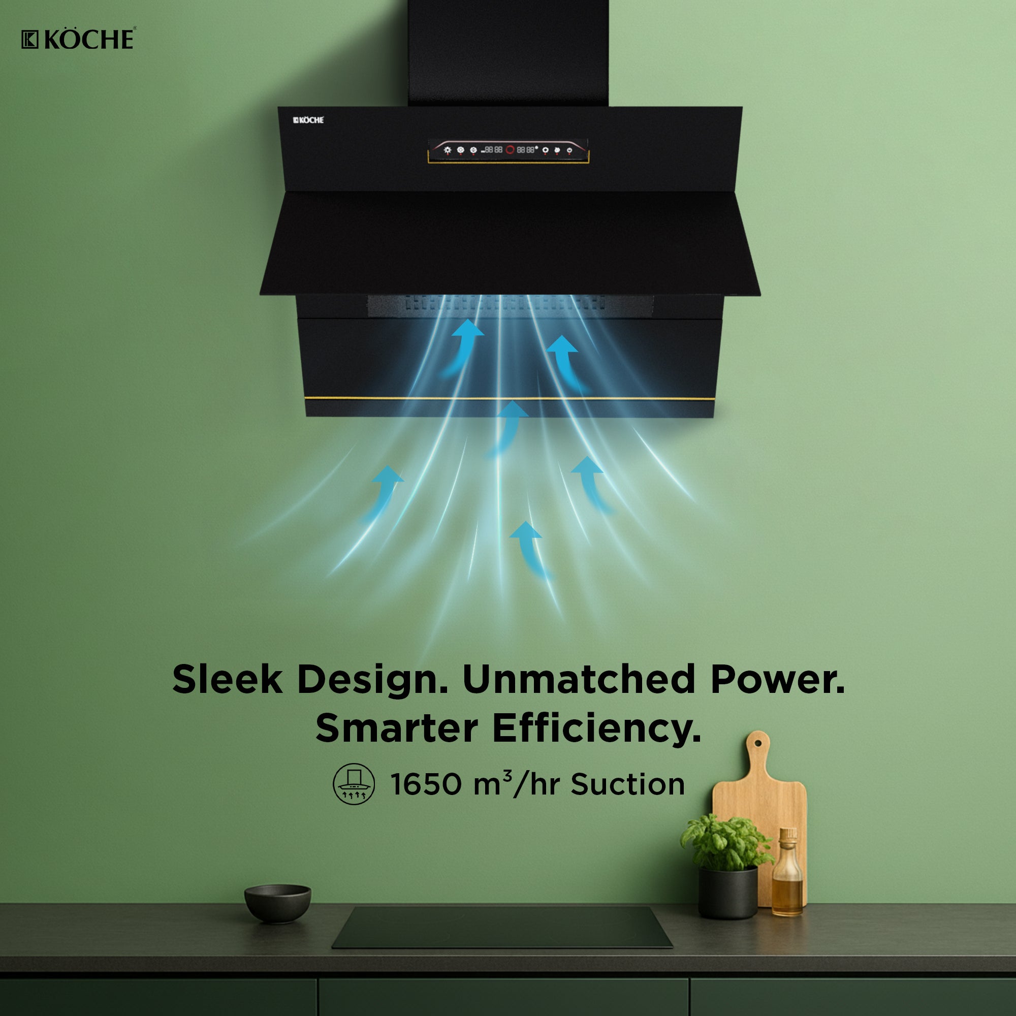 Köche Laura 75 BLDC kitchen chimney showing powerful suction performance.