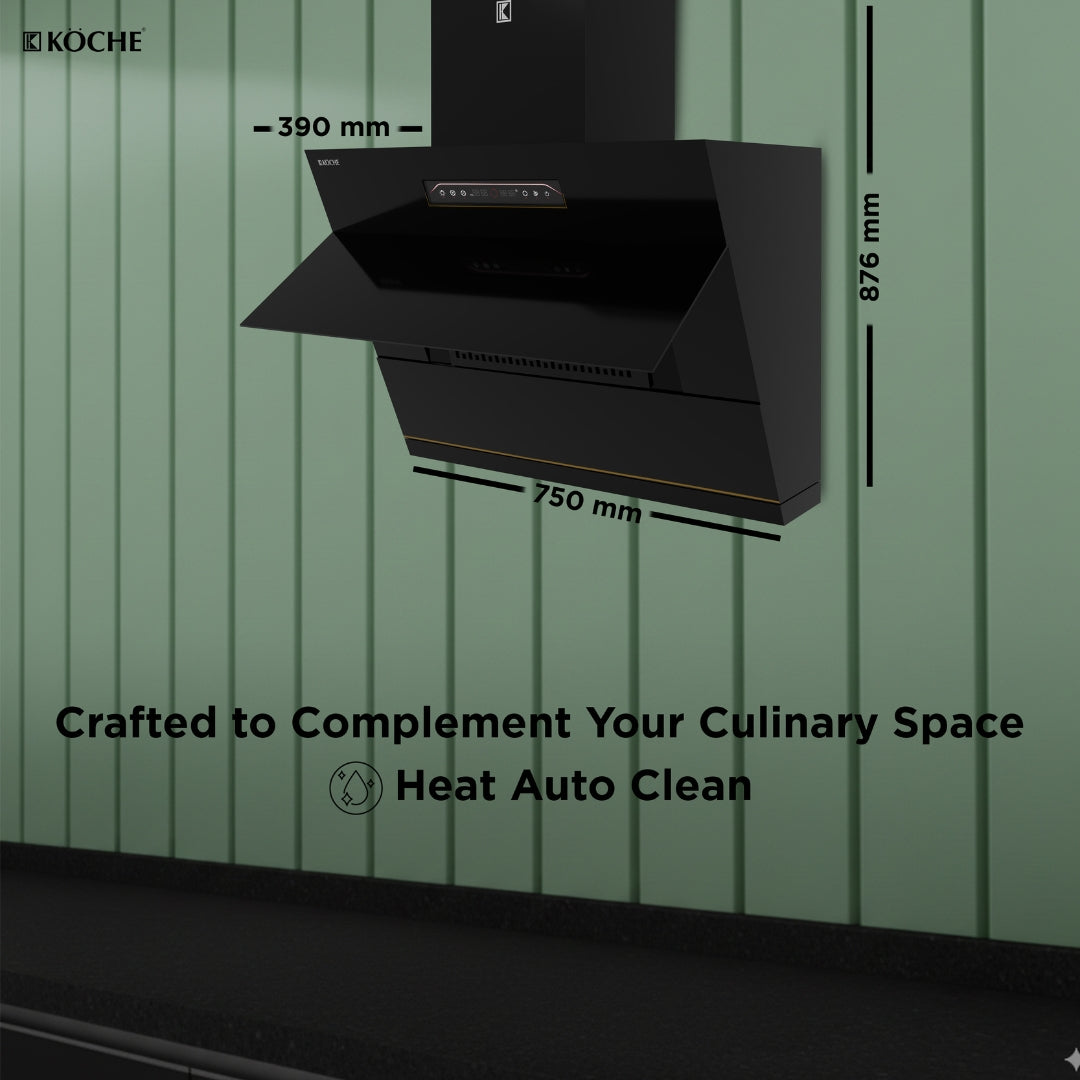 Köche Laura 75 chimney with size details and brand logo on background.