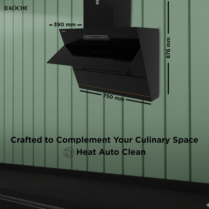Köche Laura 75 chimney with size details and brand logo on background.
