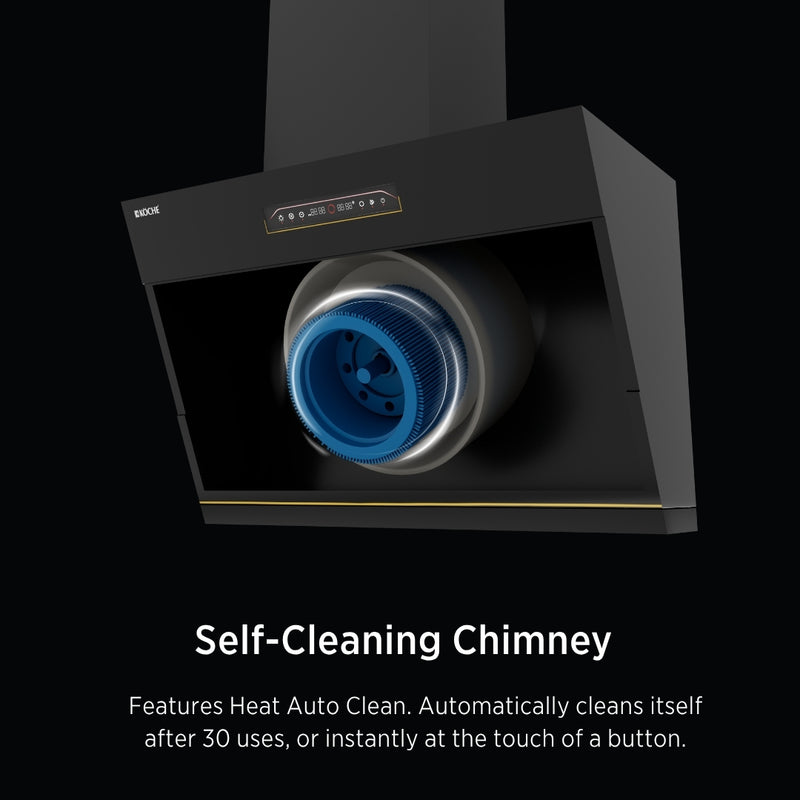   Laura 75cm Ducted BLDC Chimney | 1650 CMH Suction | Auto Clean Köche Laura 75 kitchen chimney with smart heat auto-clean technology. 