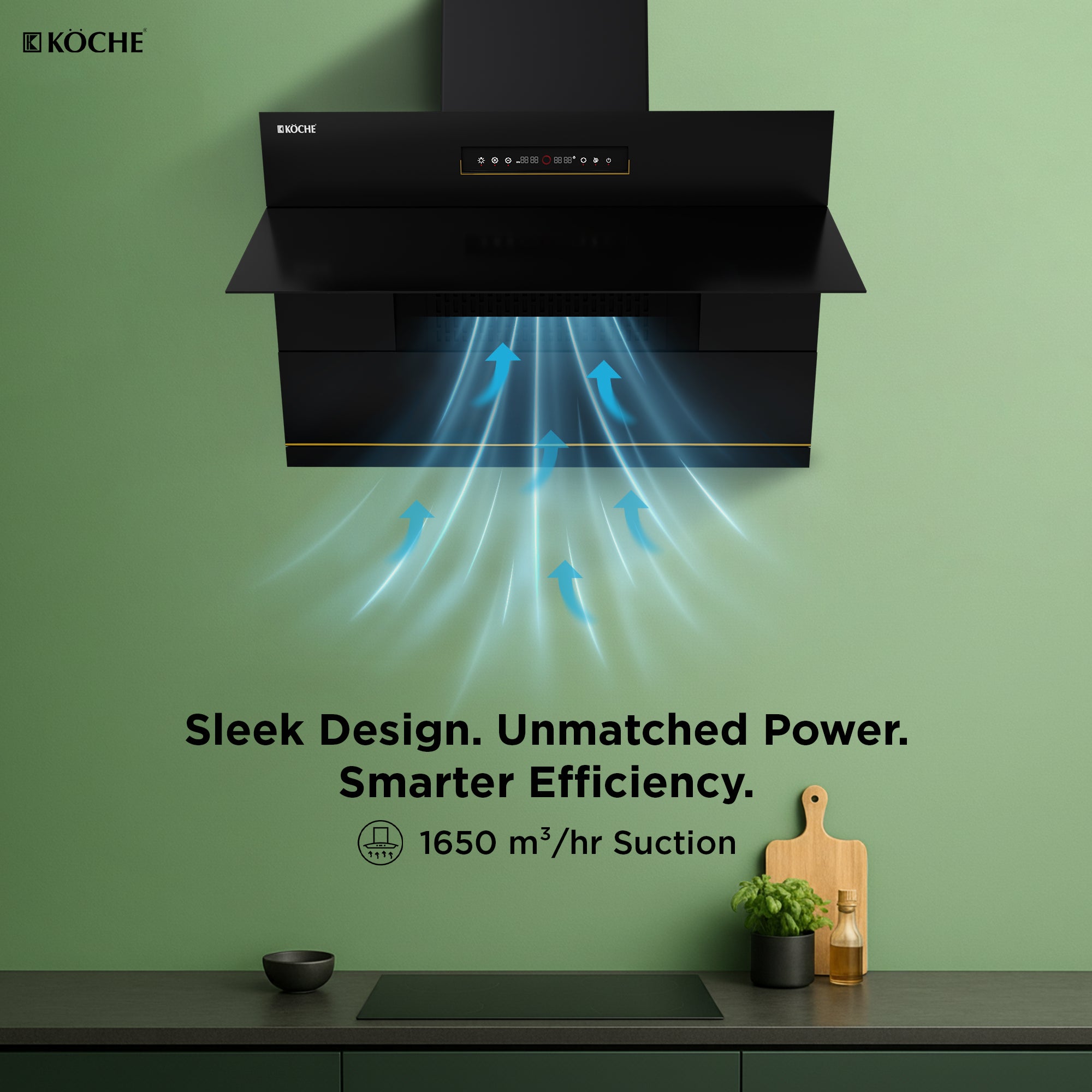 Köche Laura 90 BLDC chimney showing powerful 1650 m³/hr suction performance.