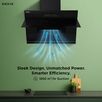 Köche Laura 90 BLDC chimney showing powerful 1650 m³/hr suction performance.