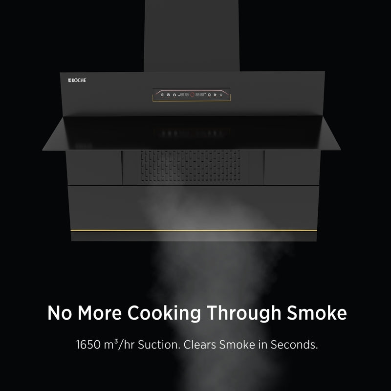   Laura 90cm Ducted BLDC Chimney | 1650 CMH Suction | Auto Clean Köche Laura 90 BLDC kitchen chimney with high suction power. 