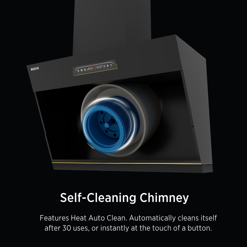   Laura 90cm Ducted BLDC Chimney | 1650 CMH Suction | Auto Clean Köche Laura 90 kitchen chimney with smart heat auto-clean technology. 