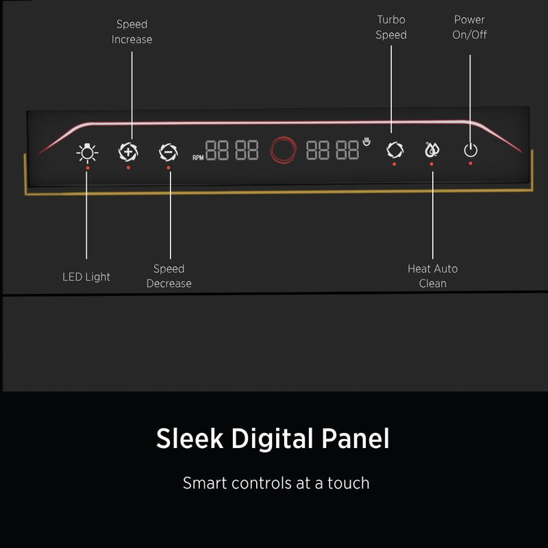   Laura 90cm Ducted BLDC Chimney | 1650 CMH Suction | Auto Clean A control panel diagram showing a sleek digital touch panel with labeled icons and text for speed increase, LED light, speed decrease, turbo speed, power on/off, and heat auto clean on a dark background. 