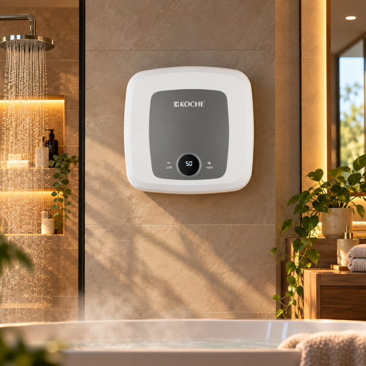Köche Luma Pro digital water heater in white with digital temperature display