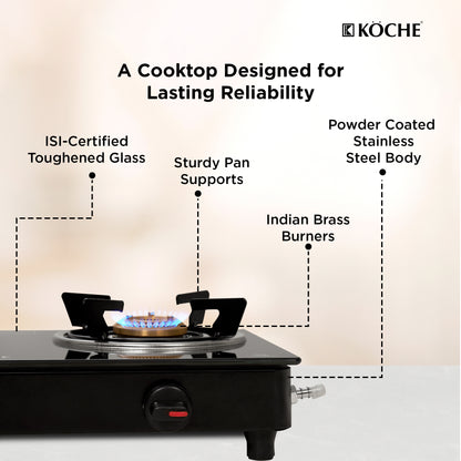 Köche 2 burner cooktop with features highlighted on a beige background