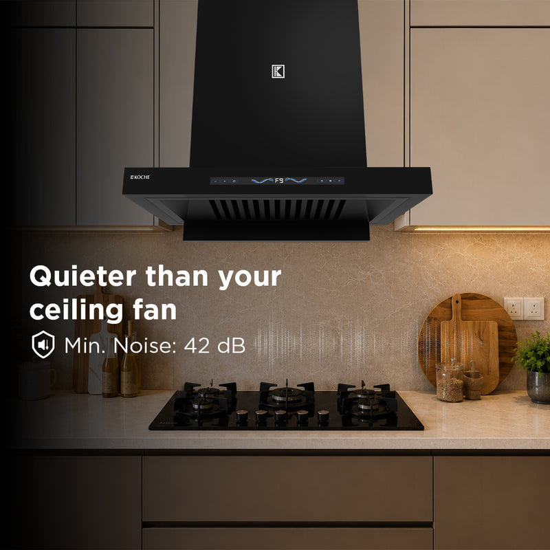   Stark 60cm Ducted BLDC Chimney | 1500 CMH Suction | Auto Clean Köche Stark 60 BLDC kitchen chimney with low noise operation at 42 dB for a quiet cooking experience. 