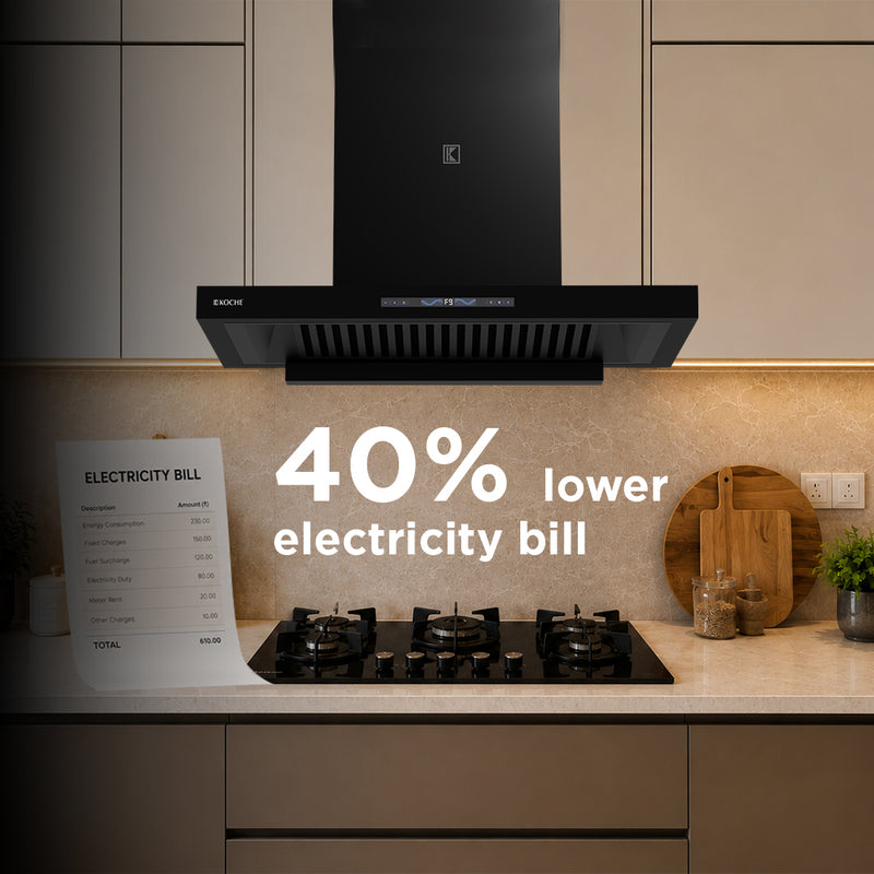   Stark 75cm Ducted BLDC Chimney | 1500 CMH Suction | Auto Clean Köche Stark 75 kitchen chimney with up to 40% lower electricity consumption. 
