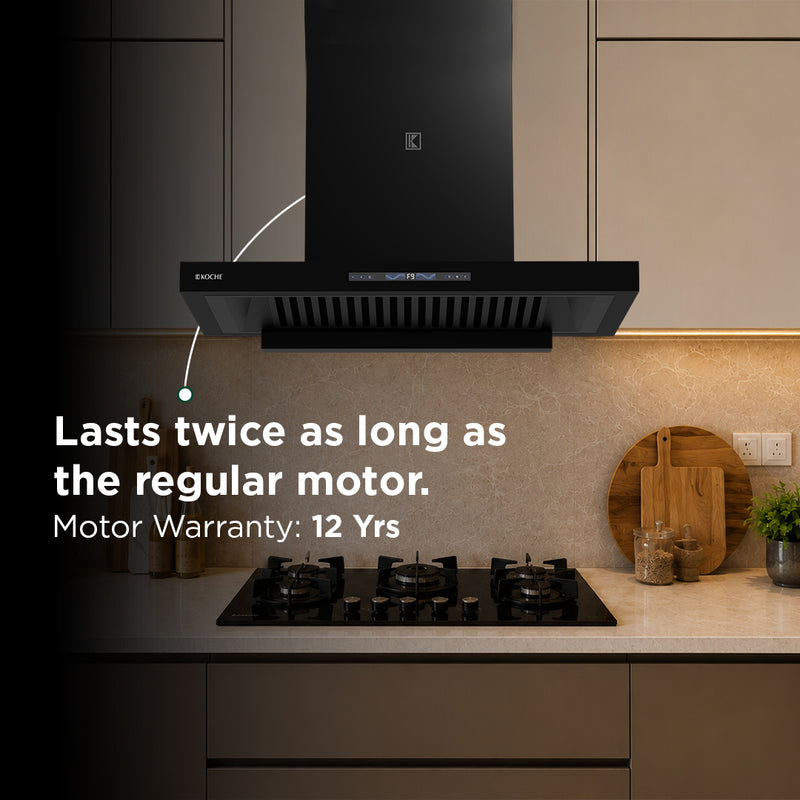   Stark 75cm Ducted BLDC Chimney | 1500 CMH Suction | Auto Clean Köche Stark 75 kitchen chimney with a 12-year motor warranty. 