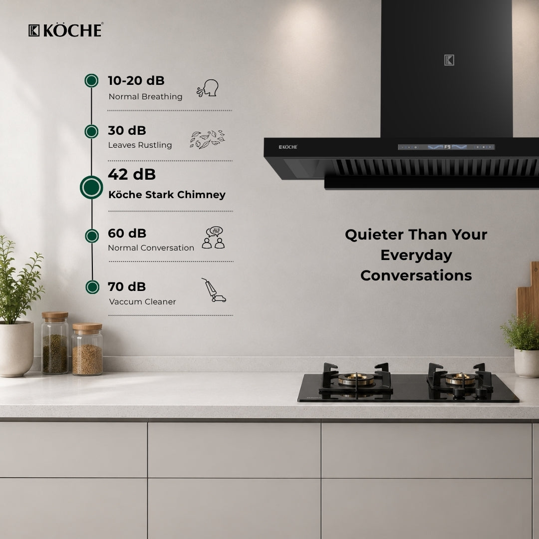 Köche Stark 90 kitchen chimney with low noise operation and powerful suction.