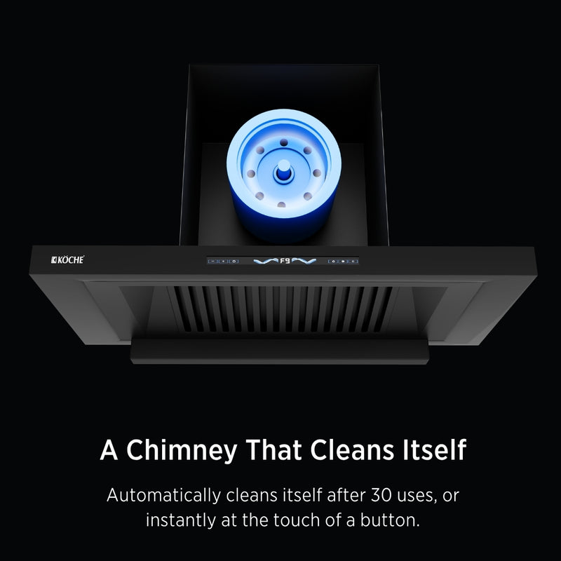   Stark 90cm Ducted BLDC Chimney | 1500 CMH Suction | Auto Clean Köche Stark 90 auto-clean kitchen chimney with self-cleaning technology. 
