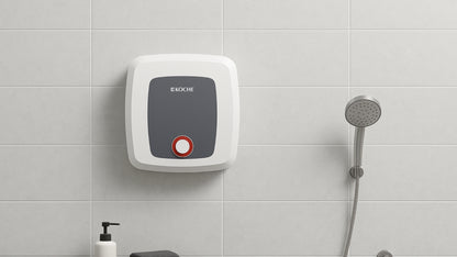 Köche white and grey water heater installed in a modern bathroom.