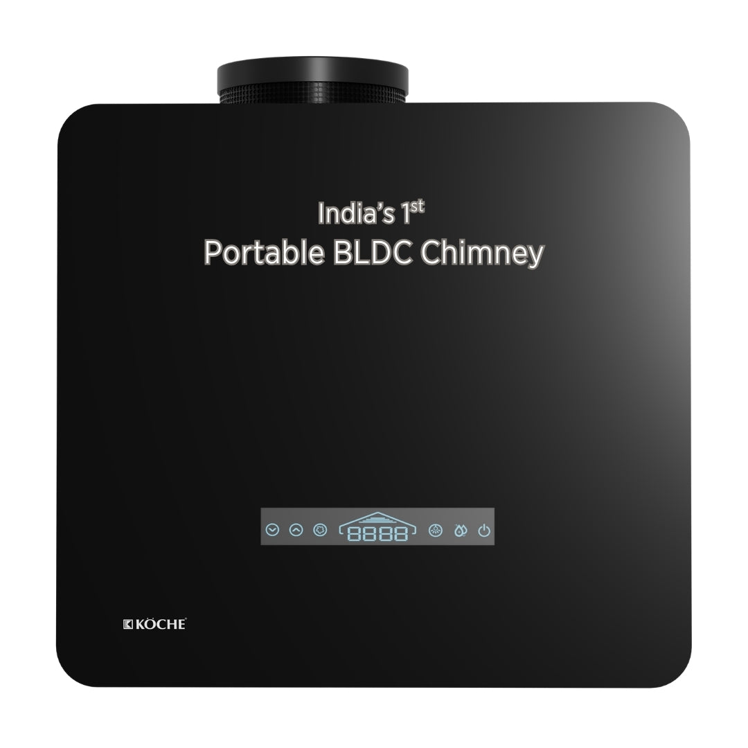 Black portable BLDC chimney with text on a white background