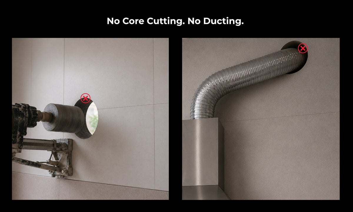 Köche Port 60 ductless chimney installation requiring no core cutting and no ducting