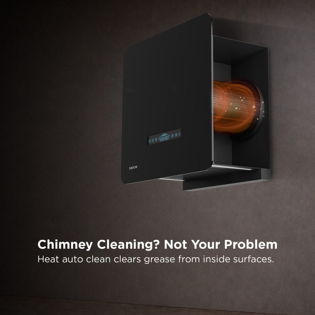 Auto clean kitchen chimney with heat cleaning technology in modern kitchen