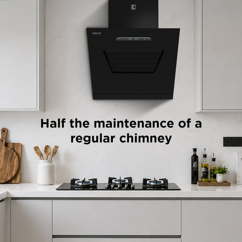   Pronto 60cm Ducted BLDC Chimney | Auto Clean | 1450 CMH Suction Köche Pronto 60 BLDC kitchen chimney with half the maintenance of a regular chimney. 