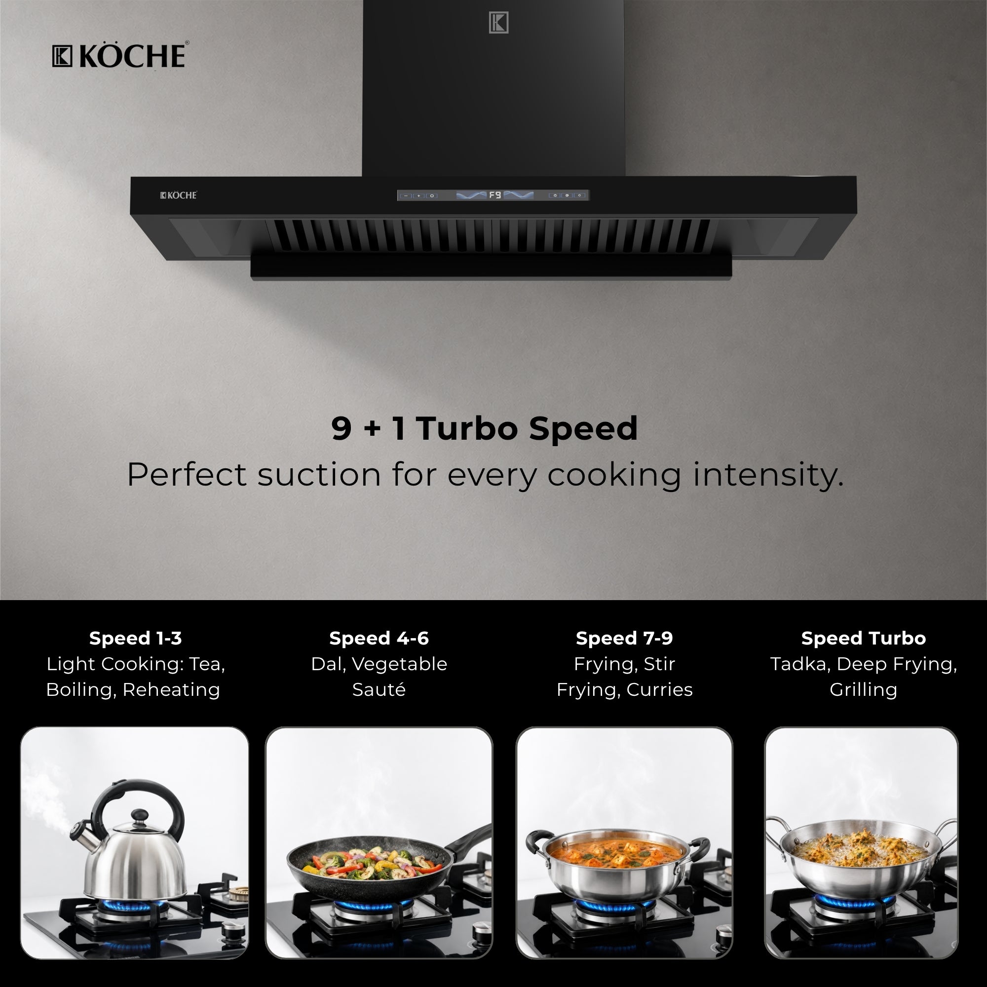 Köche Stark 90cm kitchen chimney with 9+1 turbo speed