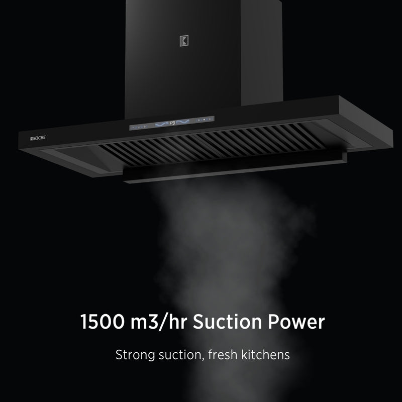   Stark 90 BLDC Chimney Black kitchen chimney with strong suction power and smoke extraction. 