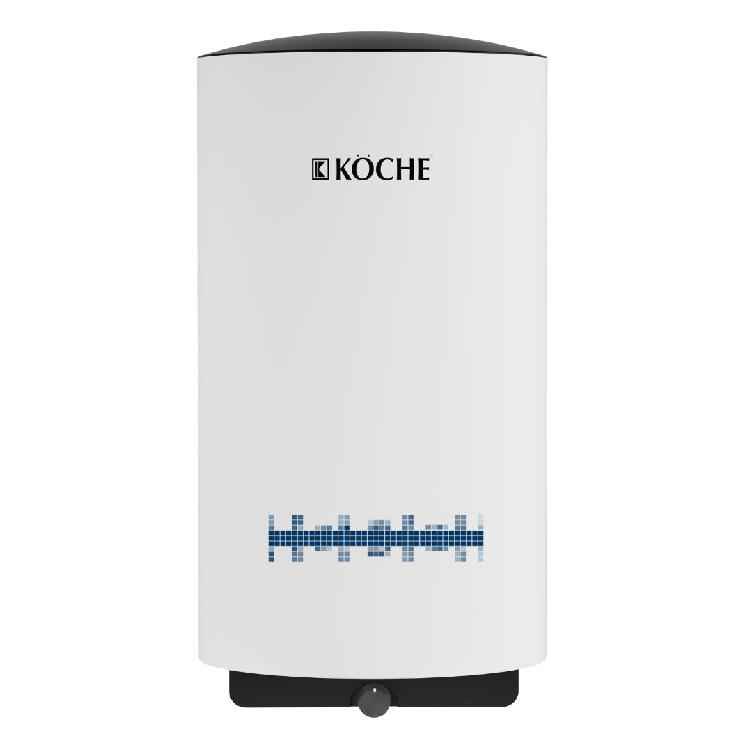 Köche Vita Metal water heater in white with black top and bottom caps and blue digital display