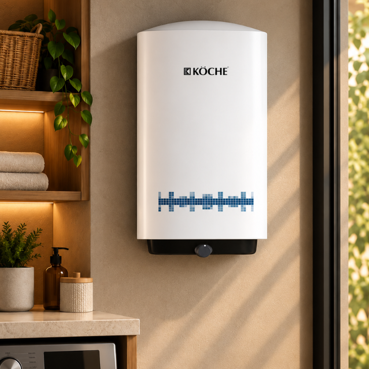 Köche Vita Pro Metal water heater in white with blue digital display and black base