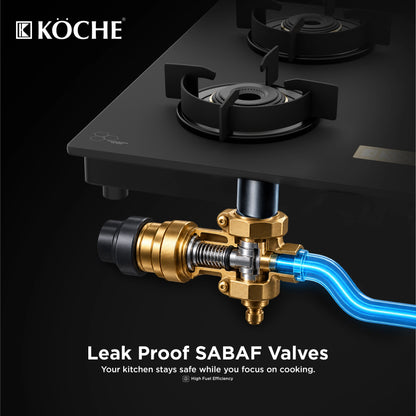 Flamaro 4 burner gas cooktop featuring leak-proof SABAF valves and a highlighted gas connection system.