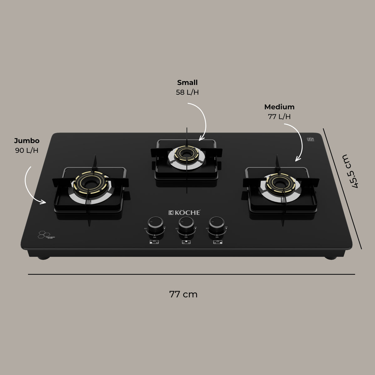 Köche Ivan 3-burner gas hob with burner sizes and product dimensions