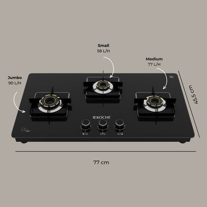 Köche Ivan 3-burner gas hob with burner sizes and product dimensions