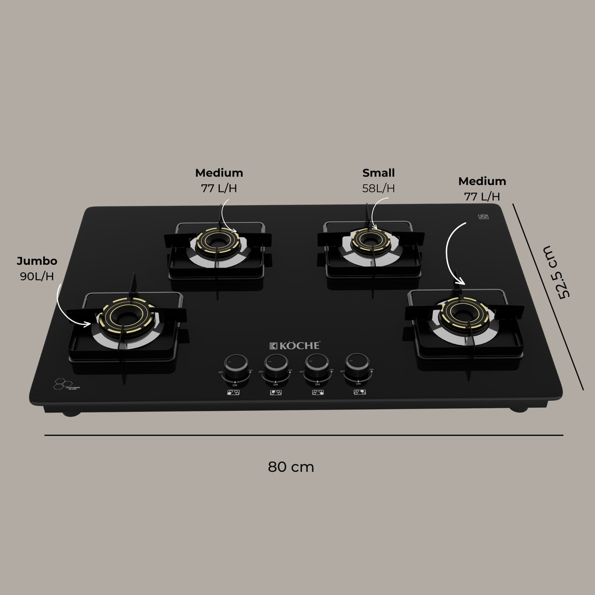 Köche Ivan 4-burner gas hob with 80 cm width and 52.5 cm height