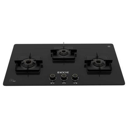 Köche 3-burner black glass gas cooktop with three burners and three control knobs