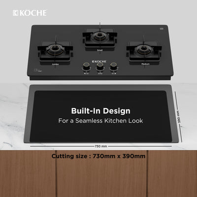 Köche 3-burner built-in gas hob with seamless kitchen design and 730 mm by 390 mm cutting size