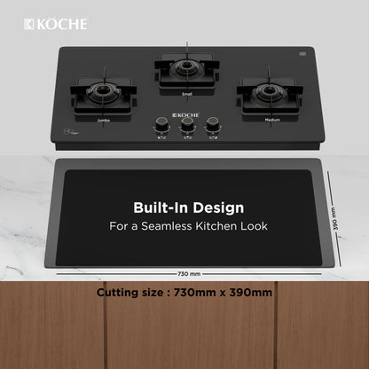 Köche 3-burner built-in gas hob with seamless kitchen design and 730 mm by 390 mm cutting size