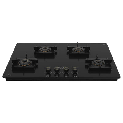 Köche 4-burner black glass gas hob with brass burners and four control knobs