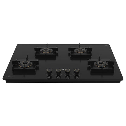Köche 4-burner black glass gas hob with brass burners and four control knobs