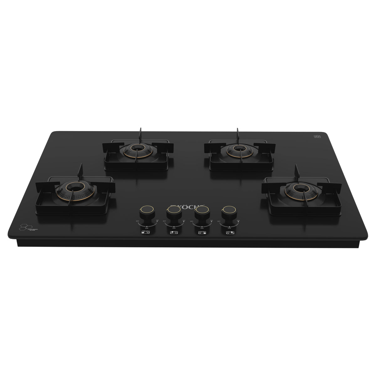 Köche 4-burner black glass gas hob with brass burners and four control knobs