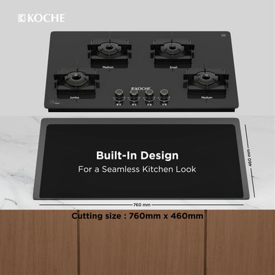 Köche 4-burner built-in gas hob with black glass finish and 760 mm by 460 mm cutting size for a seamless kitchen look